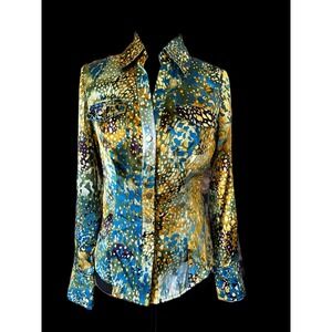 Cache Womens Blouse XS Silk Blend Abstract Animal Print Snap Front Long Sleeve
